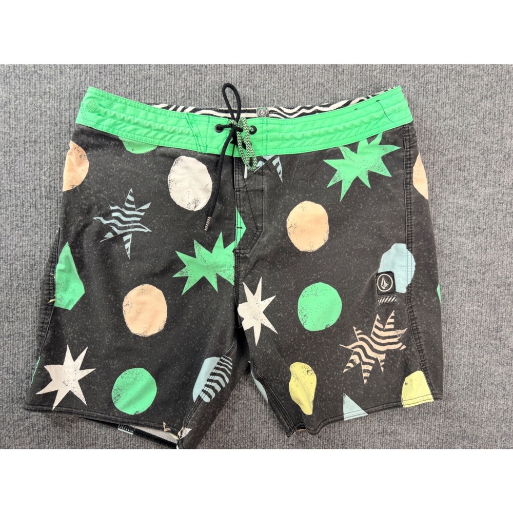 Volcom Stoneys Board Shorts Mens 33 Black Green Geometric Star Print Swim Trunks
